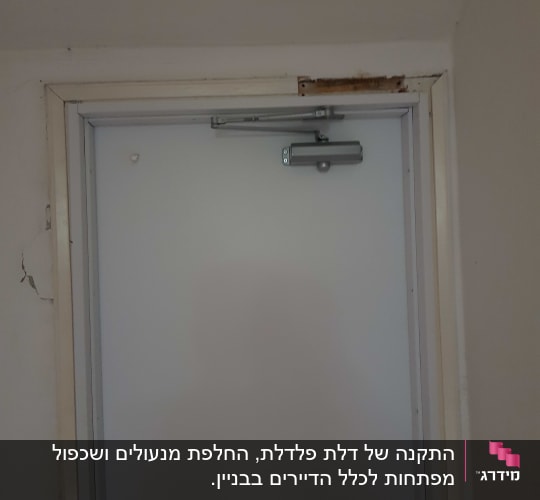 דלת עם ידית מתכת ומנגנון סגירה אוטומטי